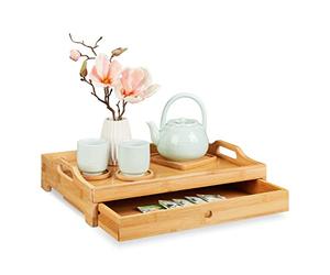 Relaxdays Bandeja Desayuno de Bambú, para Servir en la Cama, con Cajón y Asas, Rectangular, 10 x 43 x 31 cm, Marrón