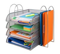 Relaxdays Bandeja Documentos de Metal A4, 4 Niveles, 2 revisteros, 33 x 40,5 x 33,5 cm, Organizador, Plateado