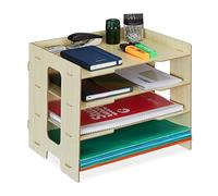 Relaxdays Cartas Bandeja Documentos MDF, Organizador Oficina, Papel A4, 3 Compartimentos, Color Natural, Tablero de Fibras, 27 x 32,5 x 25 cm Aprox