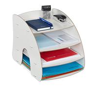 Relaxdays Bandeja Documentos MDF para A4, 4 Compartimentos, Organizador Oficina, Color Blanco, Tablero de Fibras, 27 x 25,5 x 34,5 cm Aprox