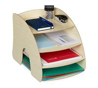 Relaxdays Bandeja Documentos MDF para A4, 4 Compartimentos, Organizador Oficina, Color Natural, Tablero de Fibras, 27 x 25,5 x 34,5 cm Aprox