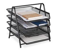 Relaxdays Bandeja Documentos Rejilla Metal, 4 Baldas, Cesto Cartas A4, 32,5x30x35,5cm, Sistema Archivo Escritorio, Negro