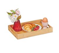 Relaxdays Bandeja Madera Bambú 4 x 30 x 20 cm, Bandeja Desayuno Cama, Asas, Borde Alto, Rectangular, Madera Natural
