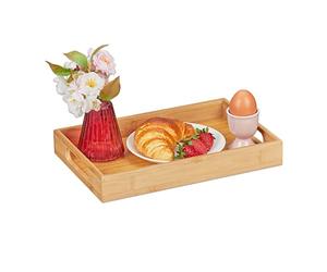 Relaxdays Bandeja Madera Bambú 4 x 30 x 20 cm, Bandeja Desayuno Cama, Asas, Borde Alto, Rectangular, Madera Natural