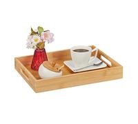 Relaxdays Bandeja Madera Bambú 5 x 34,5 x 25 cm, Bandeja Desayuno Cama, Asas, Borde Alto, Rectangular, Madera Natural