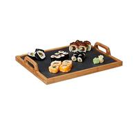 Relaxdays Bandeja Madera Rectangular con Placa de Pizarra y 2 Asas, Bambú, Marrón, 6 x 40,5 x 32 cm, 6 x 40.5 x 32 cm