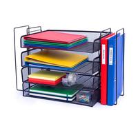 Relaxdays Bandeja para cartas de metal, A4, 4 compartimentos, 2 archivadores de pie, 30 x 49,5 x 24,5 cm, organizador de escritorio, color negro