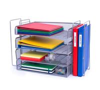 Relaxdays Bandeja para cartas de metal, A4, 4 compartimentos, 2 archivadores de pie, 30 x 49,5 x 24,5 cm, color plateado