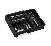 Relaxdays Bandeja para Cubiertos Cubertero Cajón Diseño Extensible, Portacubiertos 7 Compartimentos Plástico, 6,5 x 23,5-40 x 31,5 cm, Negro, 6.5 x 23.5 x 31.5 cm