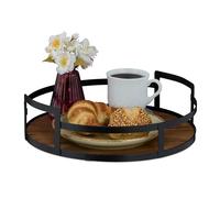 Relaxdays Bandeja para Servir Comida, Redonda, Madera y Hierro, 8,5x30,5 cm, Asas, Decorativa, Borde Alto, Marrón/Negro