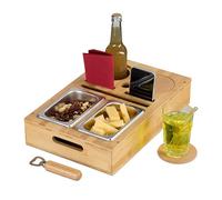 Relaxdays Bandeja para Servir Comida Sofá, Bambú, Cuencos Acero Inoxidable Aperitivos y Bebidas, Posavasos, Natural, Corcho, 8 x 40 x 26 cm