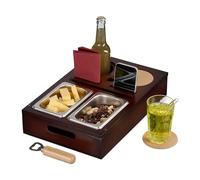 Relaxdays Bandeja para Servir Comida Sofá, Bambú, Cuencos Acero Inoxidable Aperitivos y Bebidas, Posavasos, Marrón, Corcho, 8 x 40 x 26 cm