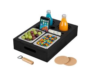 Relaxdays Bandeja para Servir Comida Sofá, Bambú, Cuencos Acero Inoxidable Aperitivos y Bebidas, Posavasos, Negro, Corcho, 8 x 40 x 26 cm