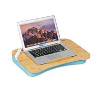 Relaxdays Bandeja Portátil con Cojín Espuma Viscoelástica, 51x36 cm, Cama, Sofá, Coche, Asa, Madera Natural y Azul, Poliéster