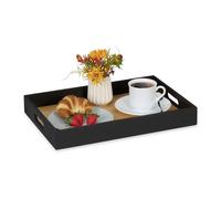 Relaxdays Bandeja de Bambú y MDF, Diseño Rectangular, para Té, 5 x 40,5 x 28 cm, con Asas, Borde Alto, Negro y Natural