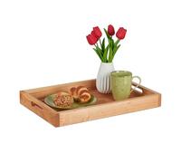 Relaxdays Bandeja Rectangular, Madera de Nogal, con Asas, Borde Alto, Desayuno, Decorativa, Cocina, 5x46x31 cm, Natural