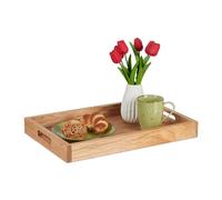 Relaxdays Bandeja Rectangular, Madera de Nogal y MDF, con Asas, Borde Alto, para Bebida o Comida, 5x46x31 cm, Natural