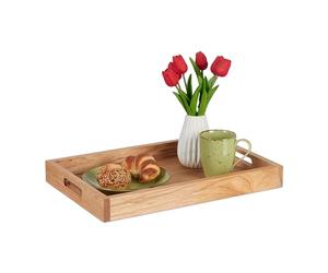 Relaxdays Bandeja Rectangular, Madera de Nogal y MDF, con Asas, Borde Alto, para Bebida o Comida, 5x46x31 cm, Natural