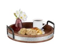 Relaxdays Bandeja Redonda de Madera de Mango, con Asas, Servir, Desayuno, Decorativa, Cocina, 9 x 35 cm, Marrón/Plateado