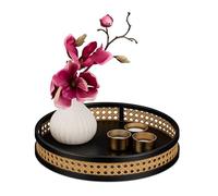 Relaxdays Bandeja Redonda Decorativa, Efecto Ratán, HxD: 5,5x30 cm, Plato para Velas, Joyas, con Borde, Negro y Natural, 60% Madera 40% plástico, 5,5 x 30 cm