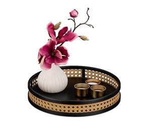 Relaxdays Bandeja Redonda Decorativa, Efecto Ratán, HxD: 5,5x30 cm, Plato para Velas, Joyas, con Borde, Negro y Natural