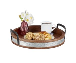 Relaxdays Bandeja redonda madera de mango y hierro marrón,negro,plata