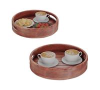 Relaxdays Bandeja Redonda, Set 2, Madera de Mango, 29 y 36 cm Ø, Asas, Borde Alto, Decorativa, Bebida y Comida, Marrón