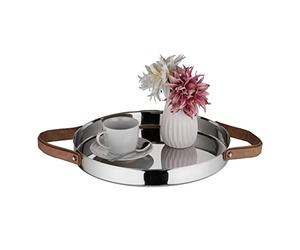 Relaxdays Bandeja Servir Comida Diseño Redondo con Asas, Bandeja Desayuno, Fuente Acero INOX., 35 cm, Decorativa, Plata