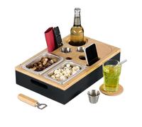Relaxdays Bandeja Servir Comida Sofá, Bambú, 2 Cuencos Aperitivos, 3 Boles Salsas, Acero Inoxidable, Portabebidas, Negro, Corcho, 8 x 40 x 26 cm