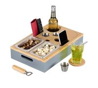 Relaxdays Bandeja Servir Comida Sofá, Bambú, 2 Cuencos Aperitivos, 3 Boles Salsas, Acero Inoxidable, Portabebidas, Gris, Corcho, 8 x 40 x 26 cm
