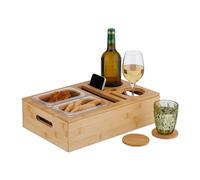 Relaxdays Bandeja Sofá Bambú, 2 Cuencos Aperitivos, Soporte Bebidas, Posavasos, Espacio para Móvil, Natural/Transparente