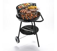 Relaxdays Barbacoa de carbón con ruedas, Ø 47 cm, jardín, negra | Paravientos, estante, rejilla calentadora, redonda