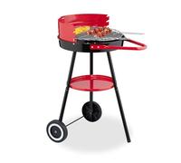 Relaxdays Barbacoa de Carbón, con Ruedas, 42 cm Ø, Parrilla Pícnic, Jardín y Parque, Cortavientos, Redonda, Negro/Rojo, Plástico, Acero