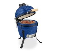 Relaxdays Barbacoa de Carbón Kamado, 26 cm Ø, Parrilla Cerámica con Termómetro hasta 450°C, BBQ, Asar, Color a Elegir, Azul, Negro, 56.5 x 43 x 46 cm