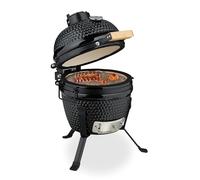 Relaxdays Barbacoa de Carbón Kamado, 26 cm Ø, Parrilla Cerámica con Termómetro hasta 450°C, BBQ, Asar y Cocinar, Negro, Acero Inoxidable, Hierro