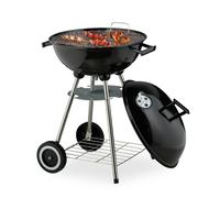 Relaxdays Barbacoa Carbón, 44 cm Ø, Parrilla con Recogedor de Cenizas, Asador Carne, Verdura, con Ruedas, BBQ, Negro