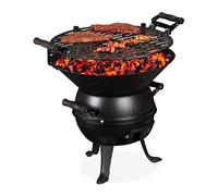 Relaxdays Barbacoa Pequeña Carbón, Hierro Fundido y Acero, Altura Regulable, Portátil, Parrilla 35 cm Ø, Camping, Negro