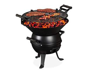 Relaxdays Barbacoa Pequeña Carbón, Hierro Fundido y Acero, Altura Regulable, Portátil, Parrilla 35 cm Ø, Camping, Negro