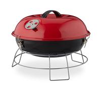 Relaxdays Barbacoa, Portátil, con Tapa, Parrilla de Acampada Grande, Carbón Vegetal, Ø36cm. Rojo
