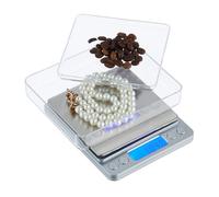 Relaxdays Báscula de Cocina con 2 Bandejas, Balanza de Precisión, 0,01 g, Tarea y Contaje, Gramera Calibrable, Plateado, 2x10,5x13 cm