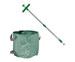Relaxdays Basura Extractor de Malas Hierbas con Saco para Residuos de Jardín, Desmalezador con Mango Largo, 99 cm, Verde