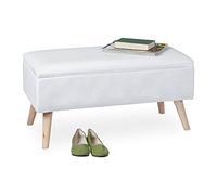 Relaxdays Baúl Almacenamiento, Funda Terciopelo, 40 L, Acolchado, Patas Madera, Asiento Almacenaje, 41x80x40 cm, Blanco