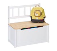 Relaxdays Baúl Juguetes Infantil con Almacenamiento, Tapa Abatible, Respaldo, 55x57x31 cm, Niños, Banco, Blanco/Natural, Tablero de Fibras, Madera