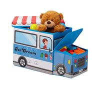 Relaxdays Baúl para Juguetes, Taburete Infantil Plegable, Caja Compartimento, Unisex, Camión Helados, 50 L, Azul