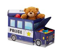 Relaxdays, Policía, Azul Oscuro Baúl para Juguetes, Taburete Infantil Plegable, Caja Compartimento, Unisex, Coche Policial, 50 L, Tablero de Fibras