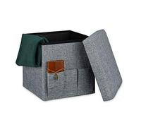 Relaxdays Baúl Puff Taburete con Tapa, Lino, Gris, 38 x 38 x 38 cm