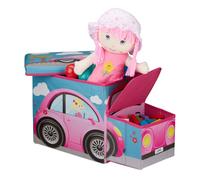 Relaxdays Baúl para juguetes, Taburete infantil plegable, Caja con compartimento, Para niños y niños, Forma de autobús, 50 L, Coche rosa
