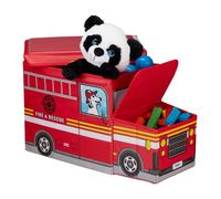 Relaxdays Baúl para Juguetes, Taburete Infantil Plegable, Caja Compartimento, Unisex, Camión de Bomberos, 50 L, Rojo