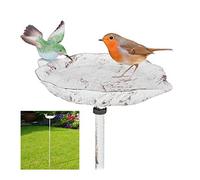Relaxdays Bebedero Pájaros Hierro Fundido, con Estaca, Bañera Gorriones Exterior Estilo Retro, Comedero, 1m Alto, Blanco
