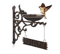 Relaxdays Bebedero Pájaros Hierro Fundido Welcome, Decoración Jardín, Montaje Pared, Retro, Fuente Aves, Color Bronce